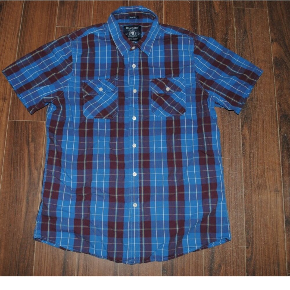 Bluenotes Button Up Short Sleeve Cotton Shirt Blue Plaid XL Slim Fit Chest 44